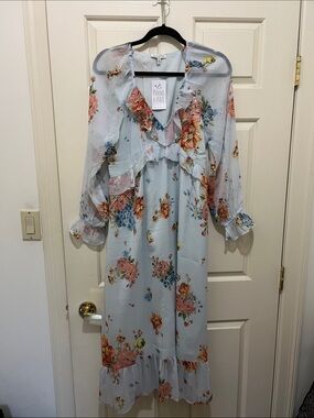 Patrons of Peace Pale Blue Floral Ruffle Midi Dress (sz m)